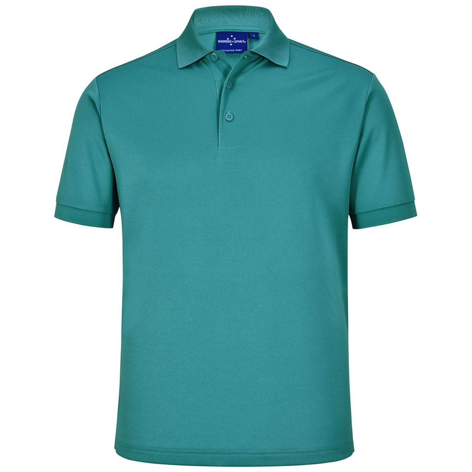 Teal short sleeve polo shirt with collar and three-button placket, ideal decoration panel