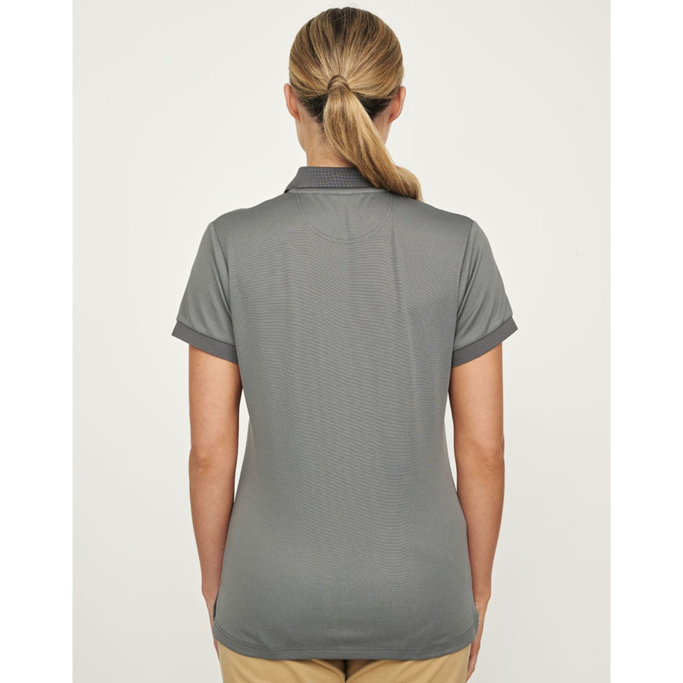 Grey short-sleeved polo shirt with contrast charcoal collar trim, rear view showing textured fabric and relaxed fit