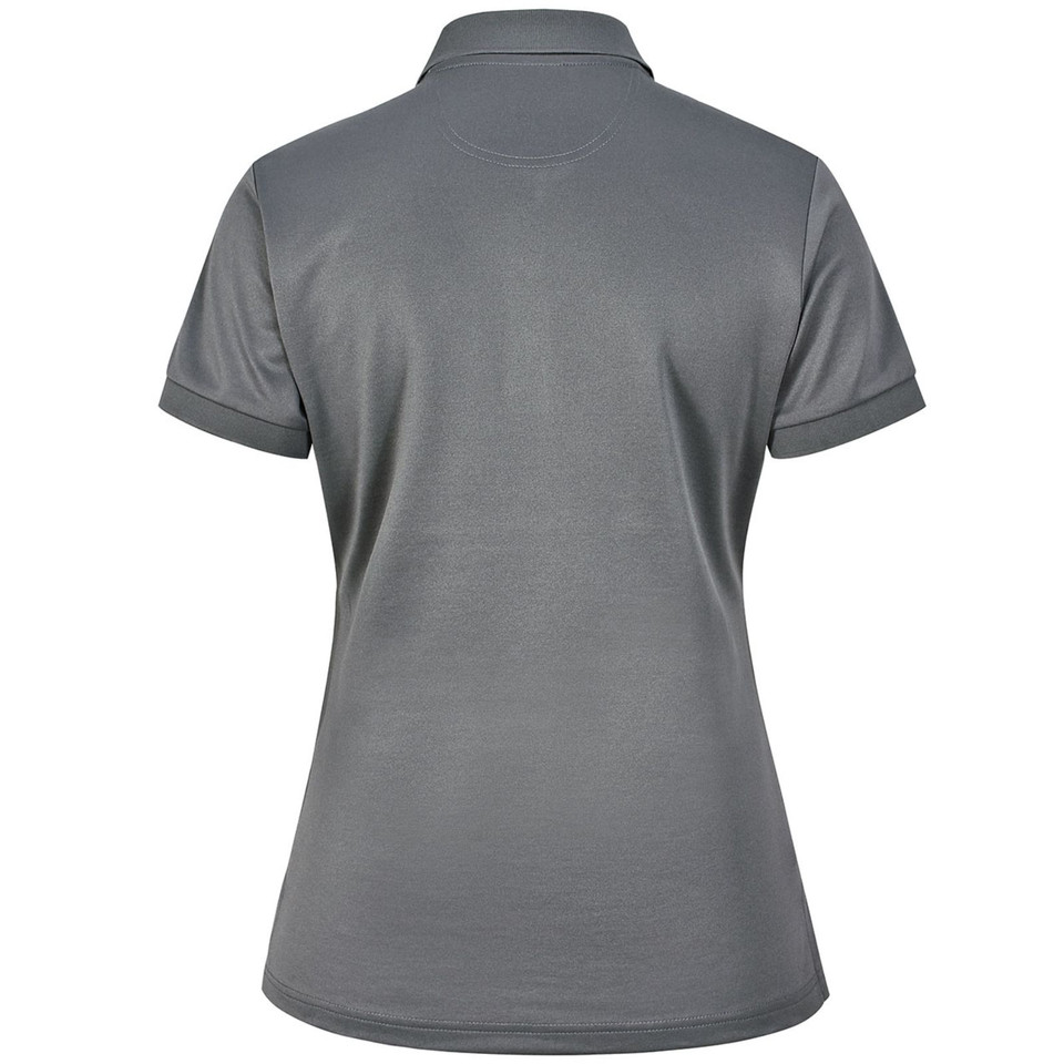 Charcoal grey ladies polo shirt back view with flat panel and contrast stitch detail on collar and sleeves