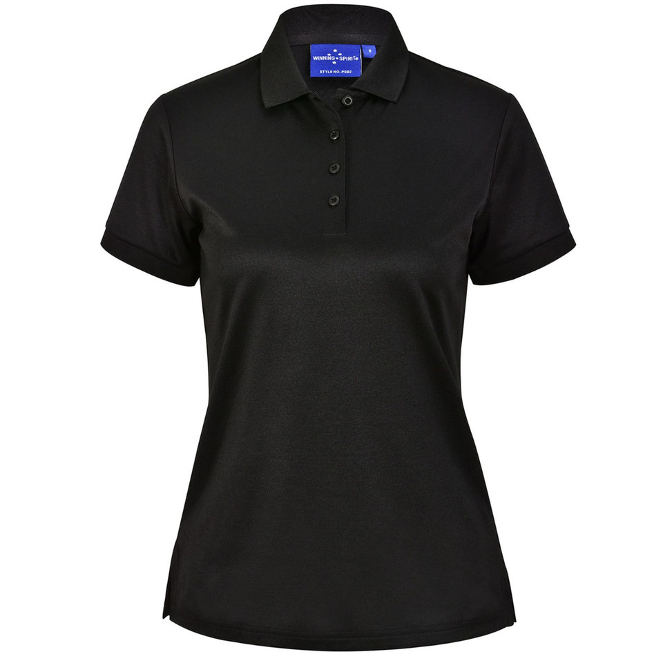 Black ladies polo shirt with button placket and flat knit collar in recycled TrueDry fabric