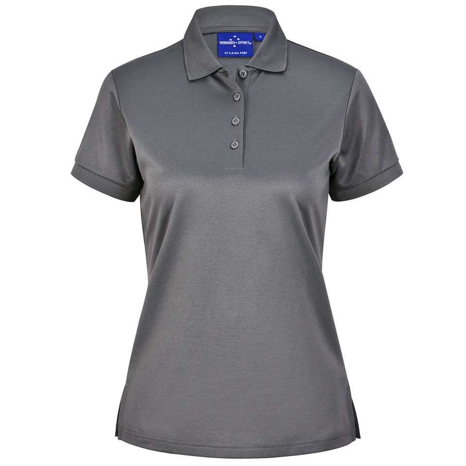 Charcoal grey women's polo shirt with flat knit collar and three-button placket