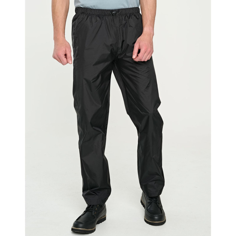 Black nylon waterproof pants with elasticated waist and drawstring, featuring side pockets and lightweight construction