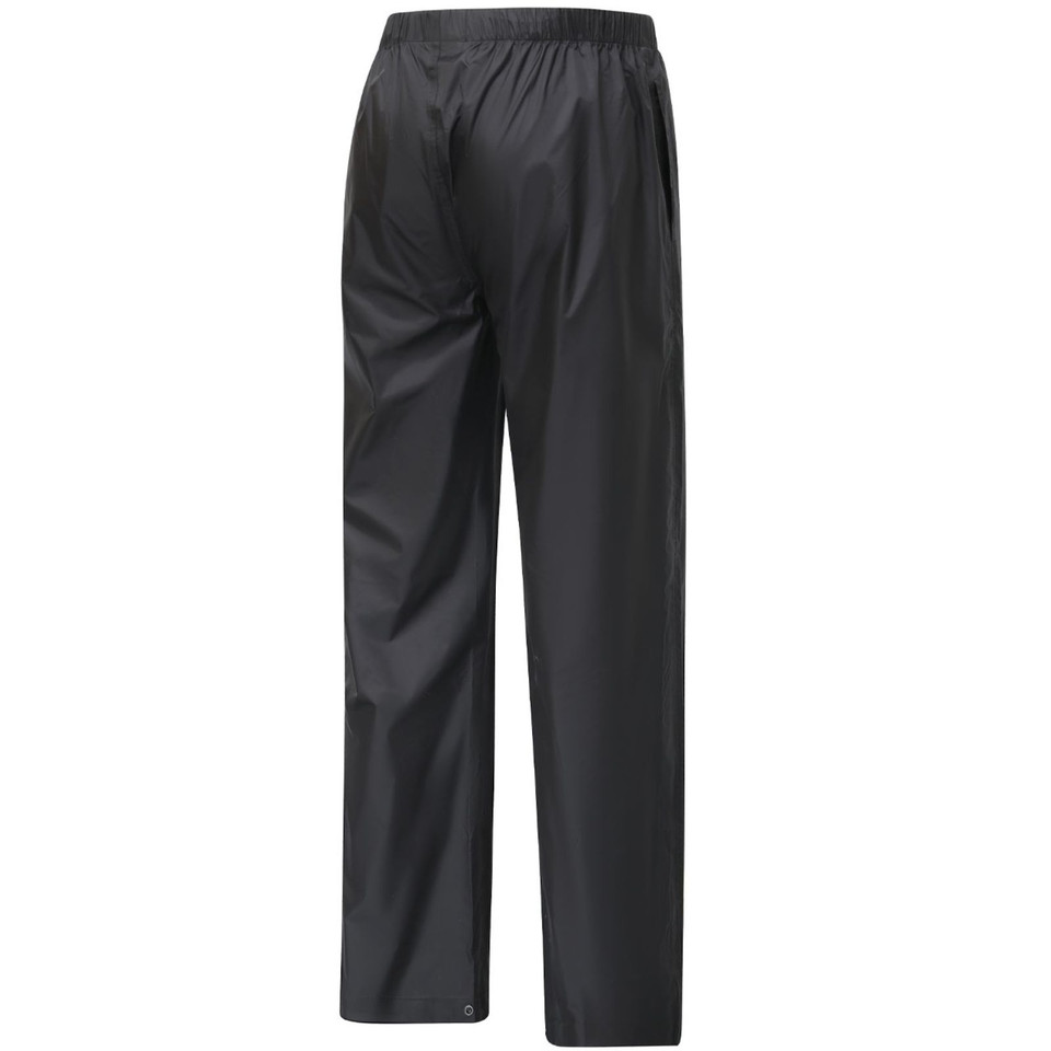 Black lightweight nylon waterproof pants with elastic waistband and straight leg design