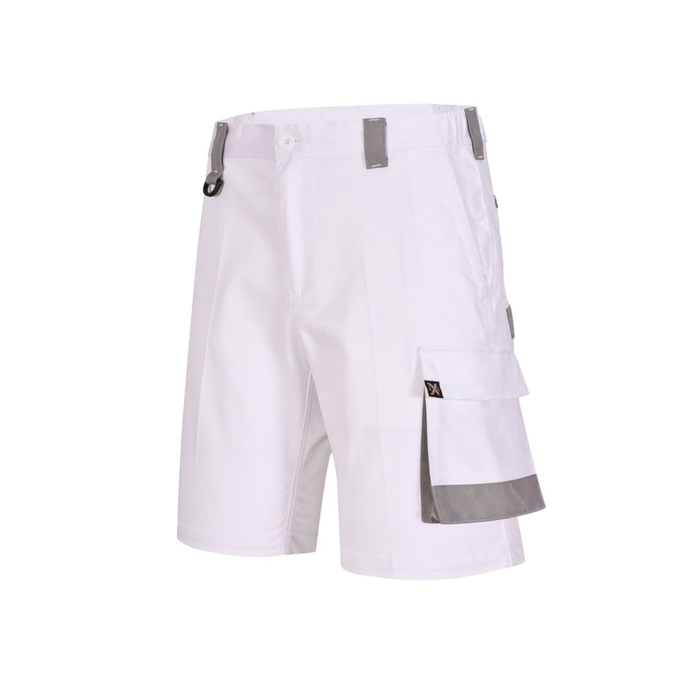 White utility cargo work shorts with grey contrast trim on waistband and cargo pocket flap