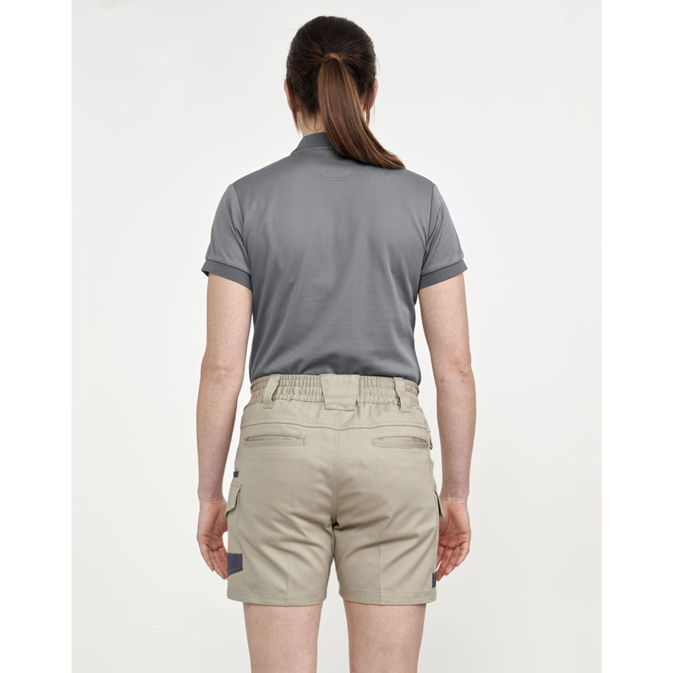 Back view of sand cotton stretch drill cuffed work shorts with rear pockets and charcoal polo shirt