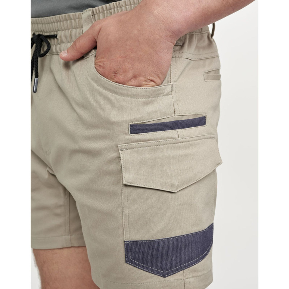 SAND Unisex Cuffed Work Shorts in durable cotton stretch drill, featuring a tapered jogger-style fit, elasticated cuffs, and reinforced pockets for trade and construction.