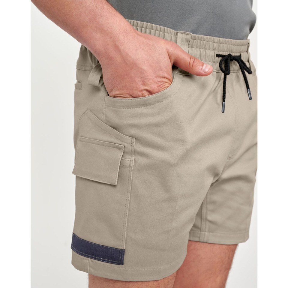 Sand work shorts with cargo pocket, navy contrast cuff detail and black drawstring waist