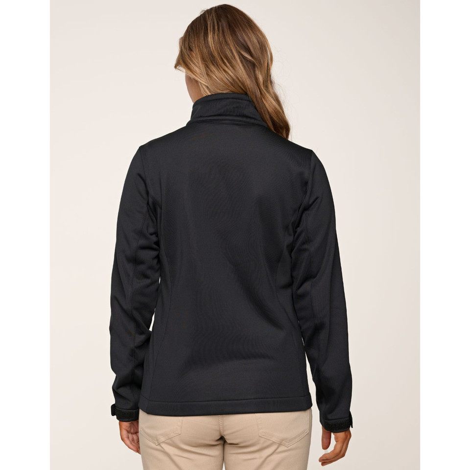 AMOS Ladies Sustainable Softshell Jacket made from recycled materials, featuring a windproof outer, breathable fabric, and a tailored corporate fit for eco-conscious businesses.