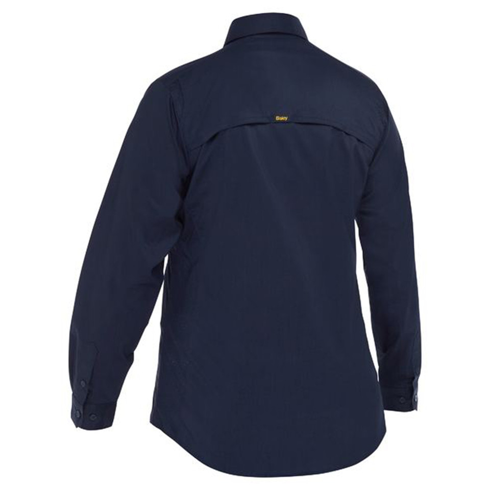 Navy long sleeve women's work shirt rear view showing vented back yoke and branded tab