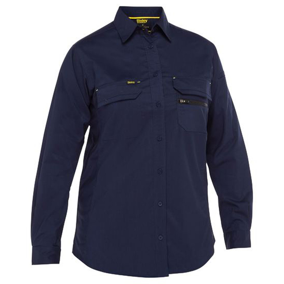 Women's navy long sleeve work shirt with dual chest pockets, yellow metal snap closures and zip chest pocket