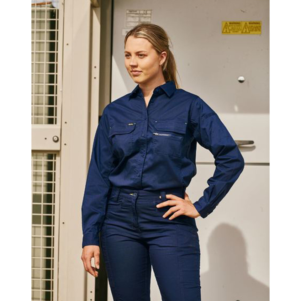 Navy blue women's work shirt with chest pockets, press studs, and long sleeves in ripstop fabric