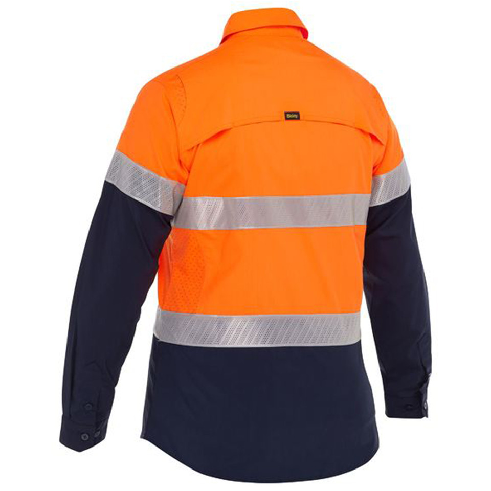 Back view of orange and navy two-tone hi vis long sleeve shirt with silver reflective tape bands across back and sleeves