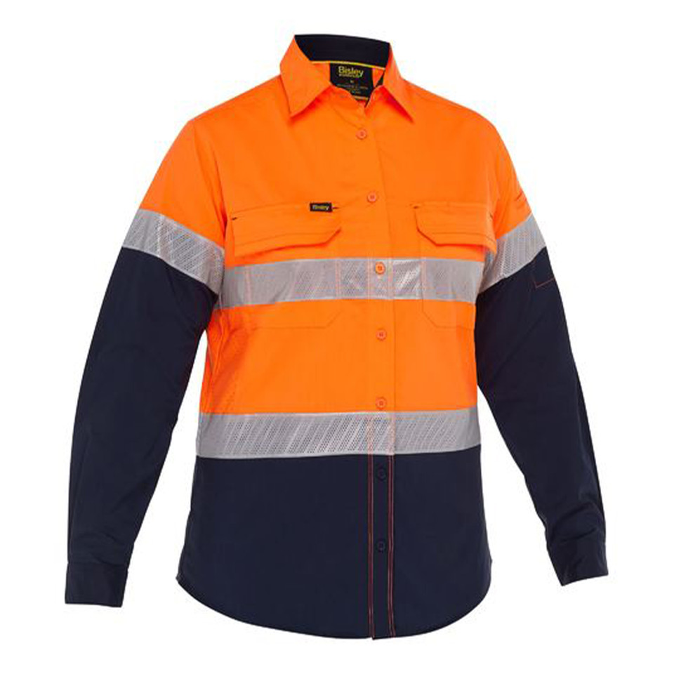 Orange and navy hi vis long sleeve ripstop shirt with silver reflective tape and twin chest pockets