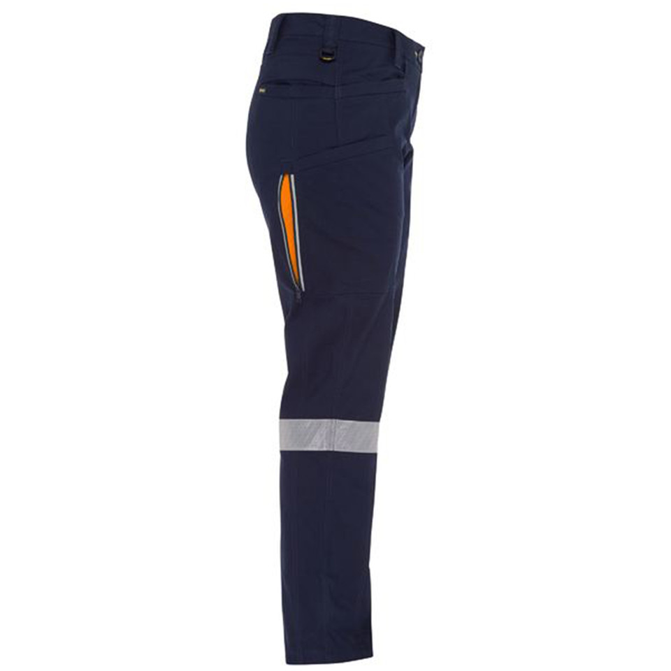 Navy ripstop cargo pants with silver reflective tape and orange contrast piping detail on leg pocket