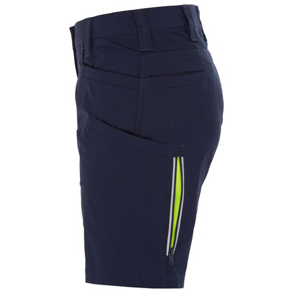 Navy women's cargo short with hi-vis yellow and reflective side zip pocket detail, side profile packshot