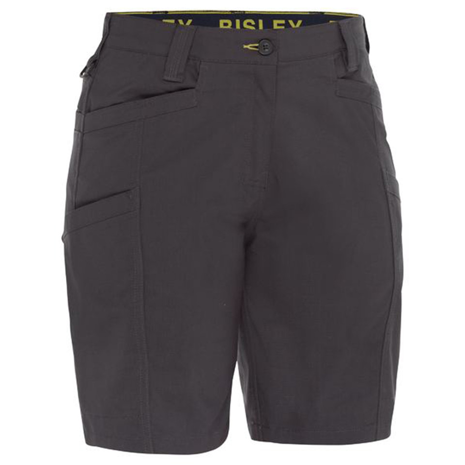 Charcoal grey women's cargo shorts with angled front pocket, button waistband and yellow branded waistband lining