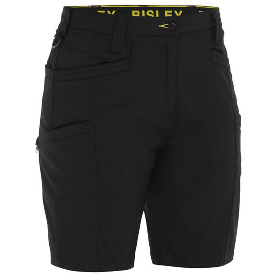 Black women's cargo shorts with zip side pocket, multiple utility pockets and stretch ripstop fabric — flat lay packshot