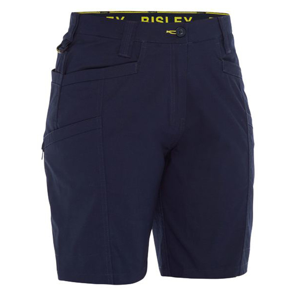 Navy women's stretch cargo shorts with multi-pocket design, zip side pocket, and yellow branded waistband