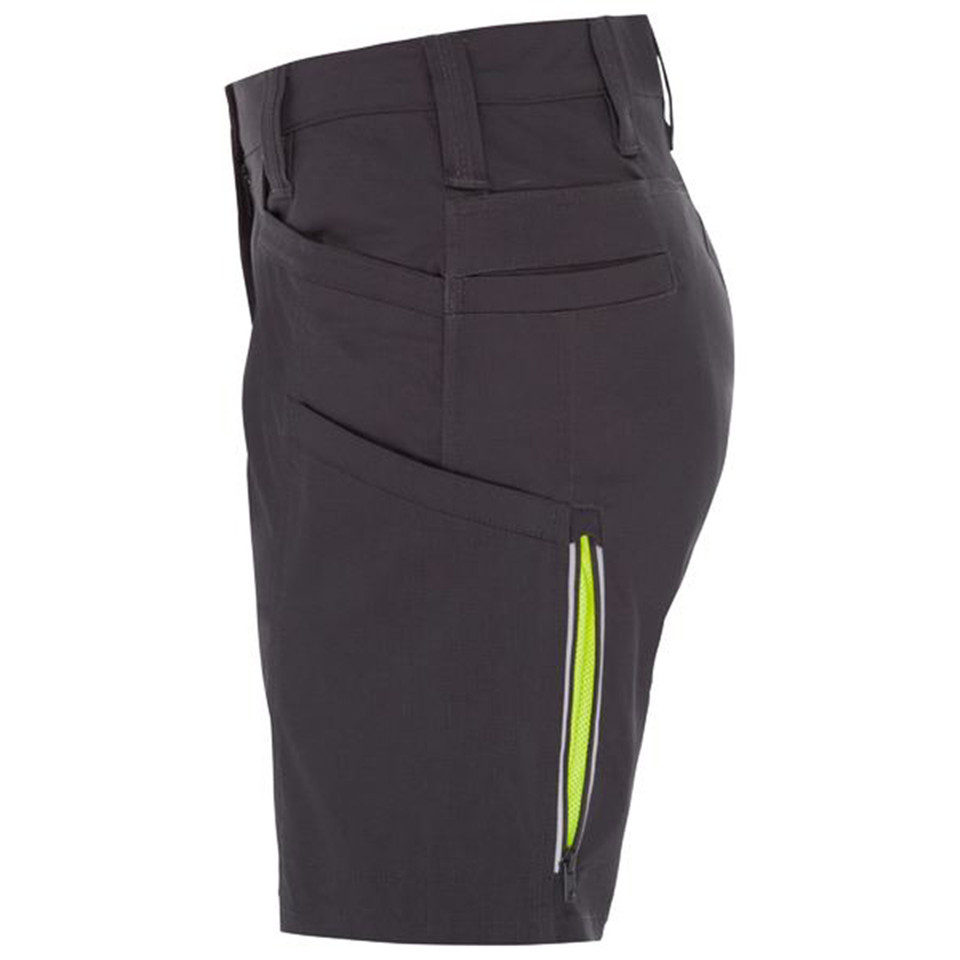 Charcoal grey women's cargo shorts with lime green zip-accented side vent and angled pocket detail