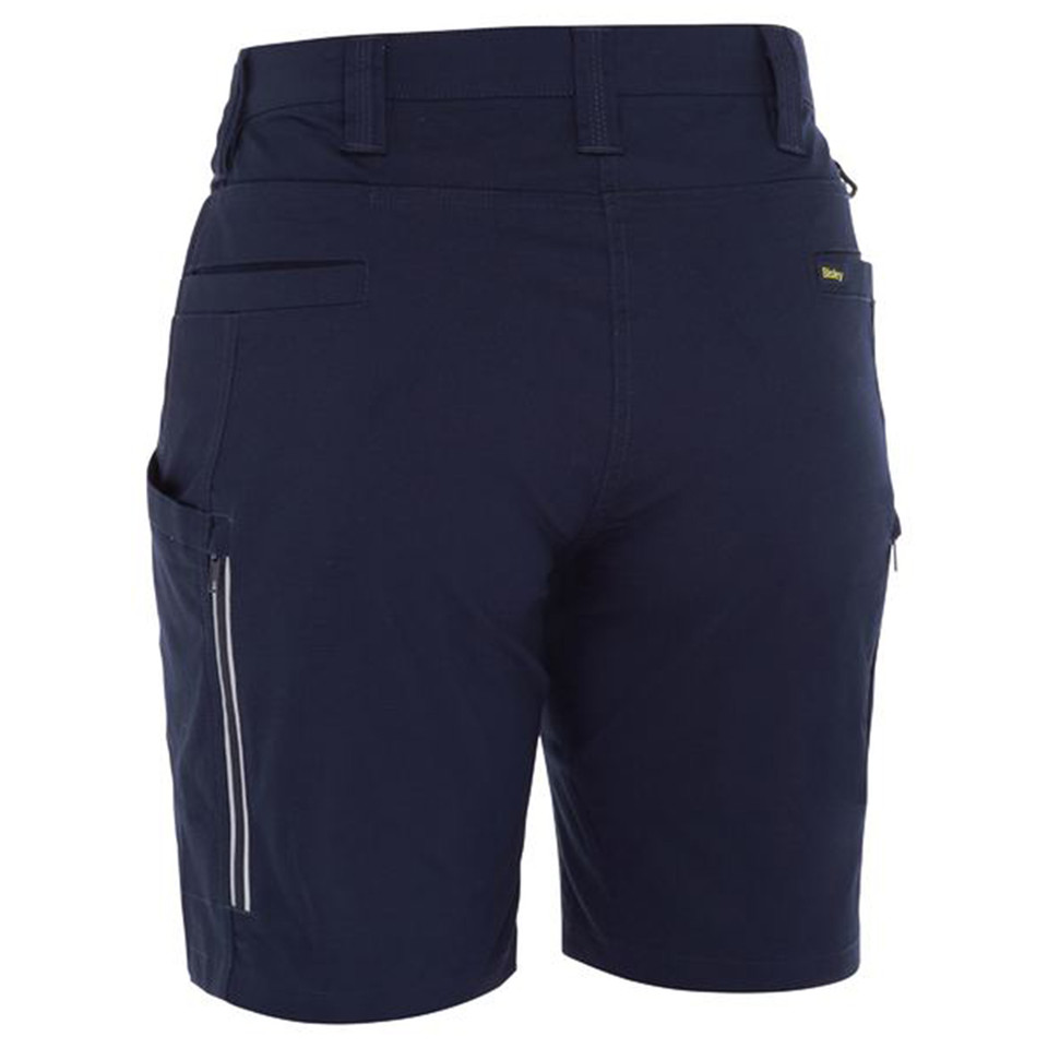 Navy blue women's cargo shorts rear view with zip side pocket, belt loops and back welt pockets