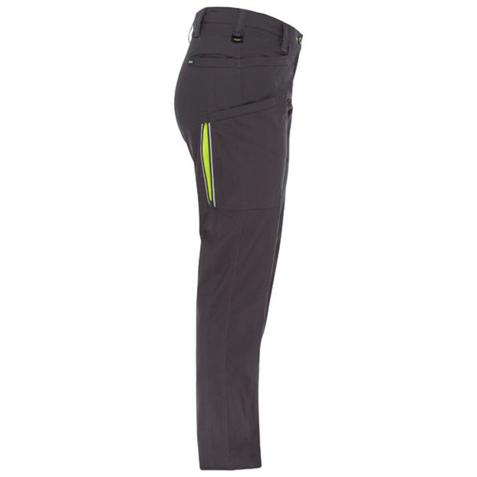 Charcoal grey ripstop cargo pants with neon yellow zippered leg pocket and adjustable waistband