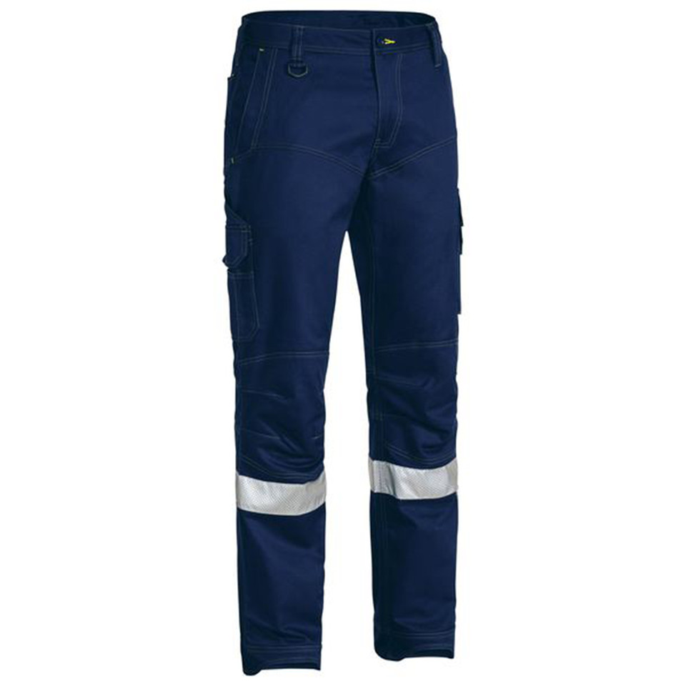 Navy ripstop cargo work pants with reflective ankle tape, cargo pockets, and reinforced knee panels