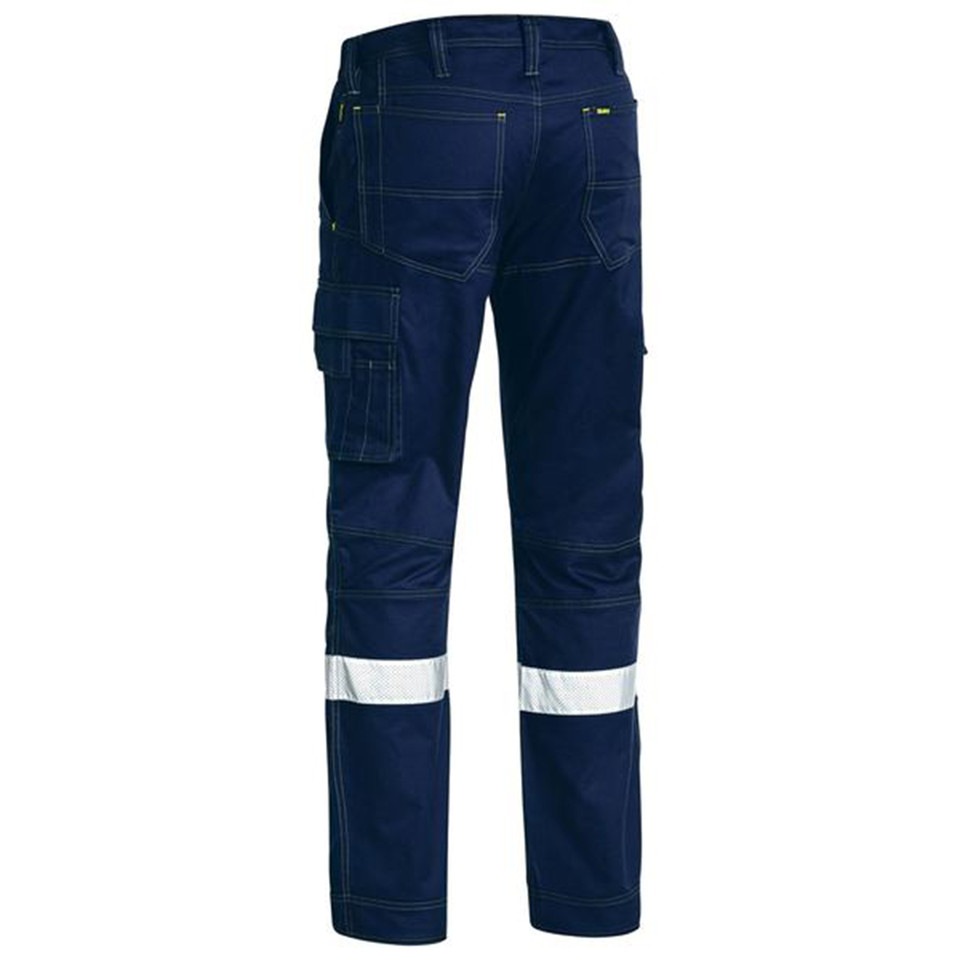 Navy ripstop cargo work pants rear view with reflective ankle tape, cargo pocket, and yellow contrast stitching