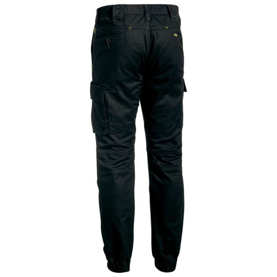 Black ripstop cargo pants rear view with gold accents, side cargo pockets and elasticated cuffed ankles
