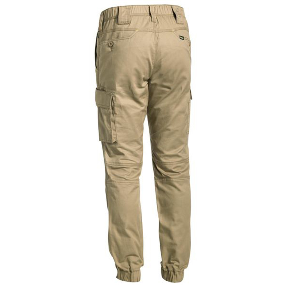 Sand khaki women's ripstop cargo pants rear view with side cargo pocket and ribbed cuffed ankle