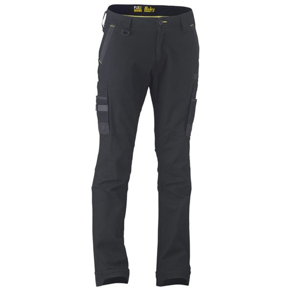 Charcoal women's stretch cargo work pants with contrast panelling, cargo pocket, and slim tapered leg