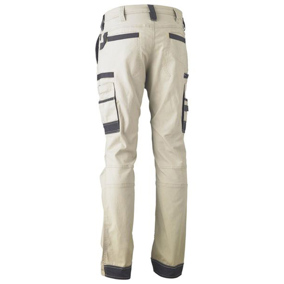 Stone and charcoal womens cargo work pants rear view showing multi-pocket panels and contrast trim