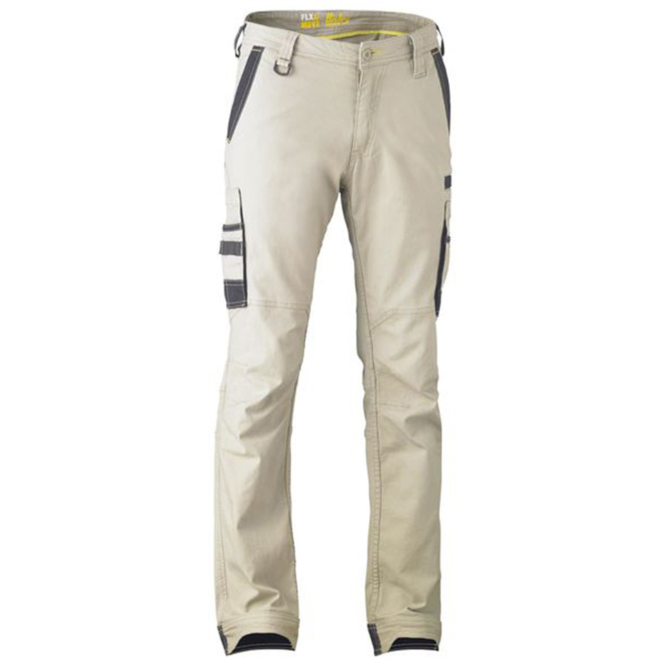 Stone beige stretch cargo work pants with charcoal grey cargo pockets and knee reinforcement panels