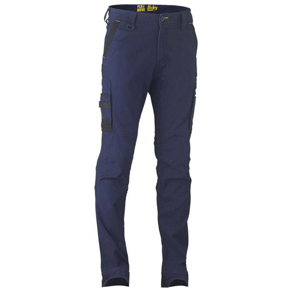 Navy stretch cargo pants with side utility pockets and reinforced knee panels