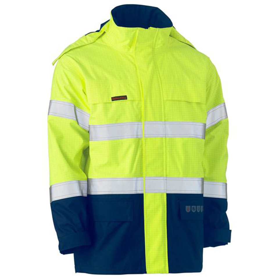 Yellow and navy hi vis flame resistant shell jacket with reflective tape bands, zip front, chest pockets, and textured ripstop fabric
