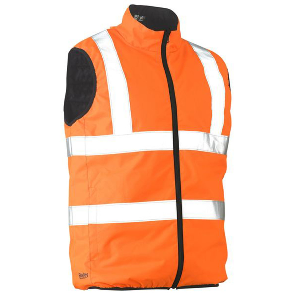 Hi vis orange reversible puffer vest with silver reflective tape, stand collar, zip front and dark contrast panels
