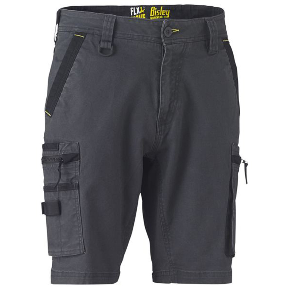 Charcoal grey stretch cargo shorts with black contrast panels, zip pockets, and utility side cargo pocket