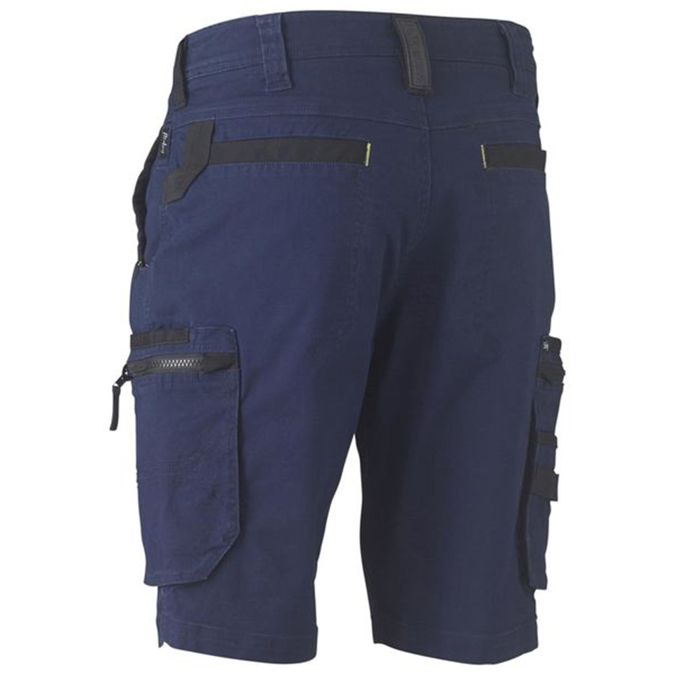 Navy cargo shorts rear view showing black zip pockets, contrast panelling and multi-pocket utility design