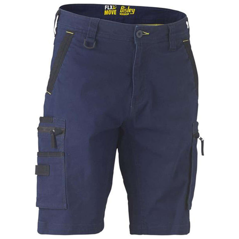 Navy stretch cargo shorts with black contrast panels, zip cargo pockets, and yellow zip pulls — Bisley flat lay
