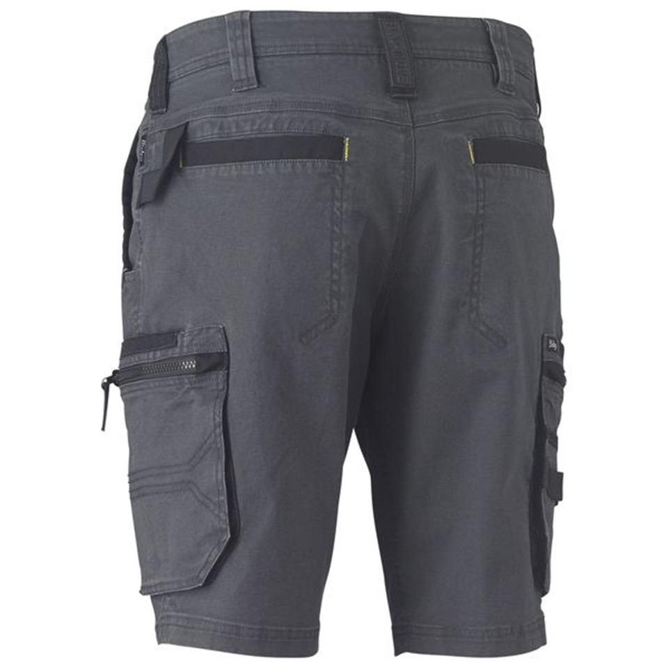 Charcoal grey women's cargo work shorts rear view, black contrast panels, zip pockets and side utility cargo pocket