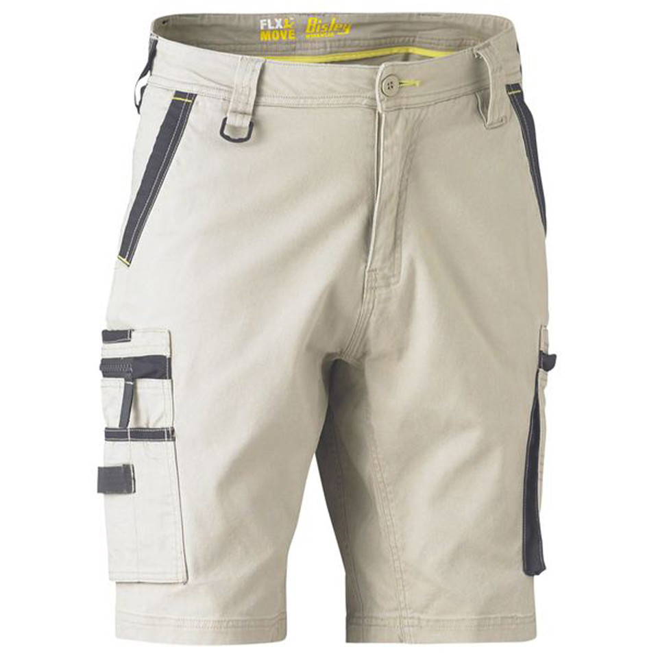 Sand cargo work shorts with charcoal contrast panels, side utility pockets and zip details