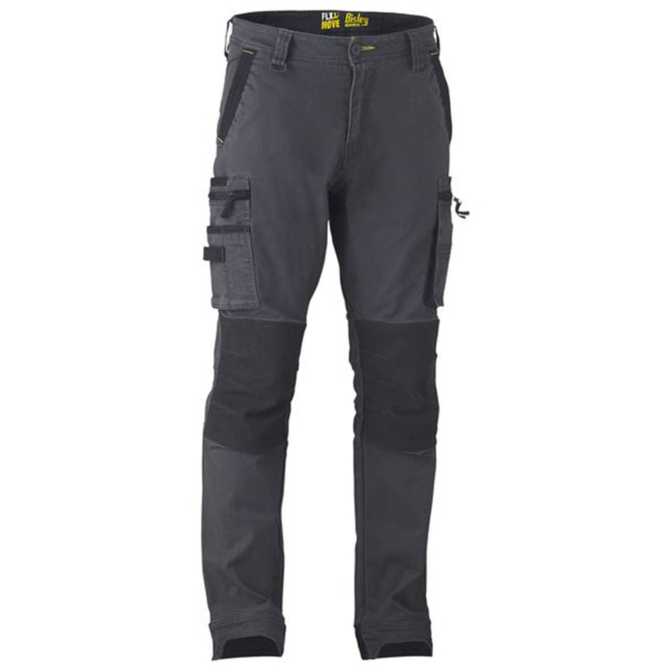 Charcoal grey cargo pants with reinforced knee panels, multiple cargo pockets, and utility details