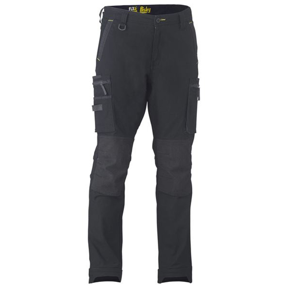 Charcoal stretch cargo work pants with reinforced knee panels, utility pockets and contrast dark grey detailing