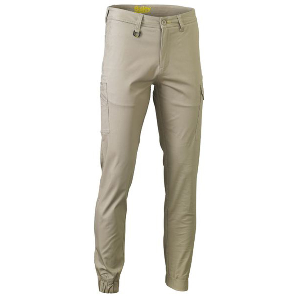 Stone stretch cotton drill cargo pants with cuffed ankles and side cargo pockets