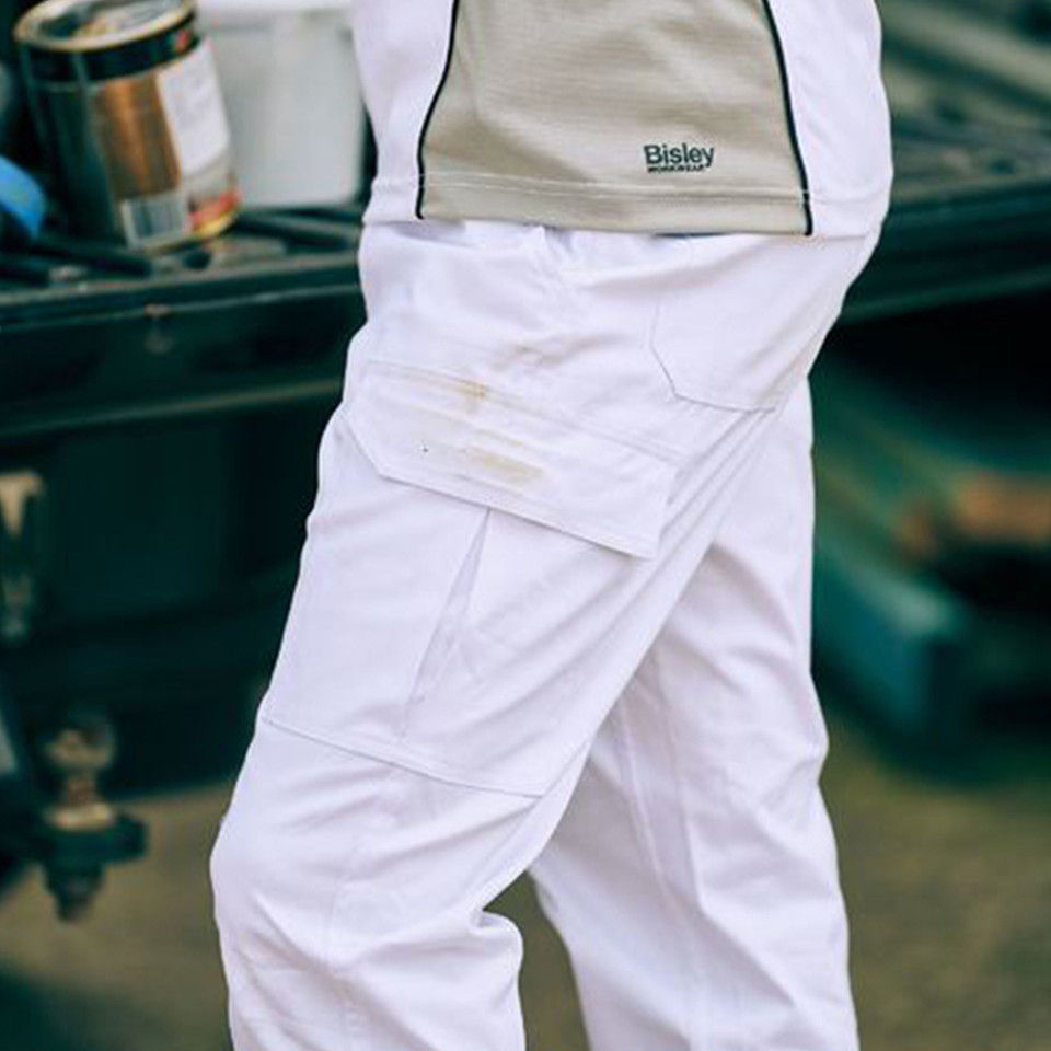 Bisley Stretch Cotton Drill Cargo Cuffed Pants - White