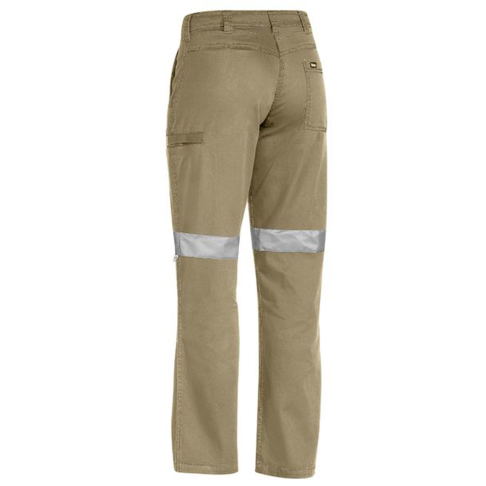 Khaki women's work pants with reflective tape at knee level, rear view showing cargo pockets and ventilated design