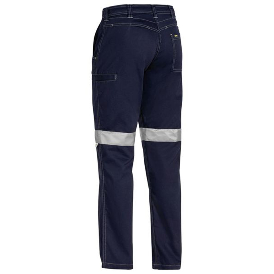Navy women's work pants rear view with silver reflective tape bands and cargo pocket detail
