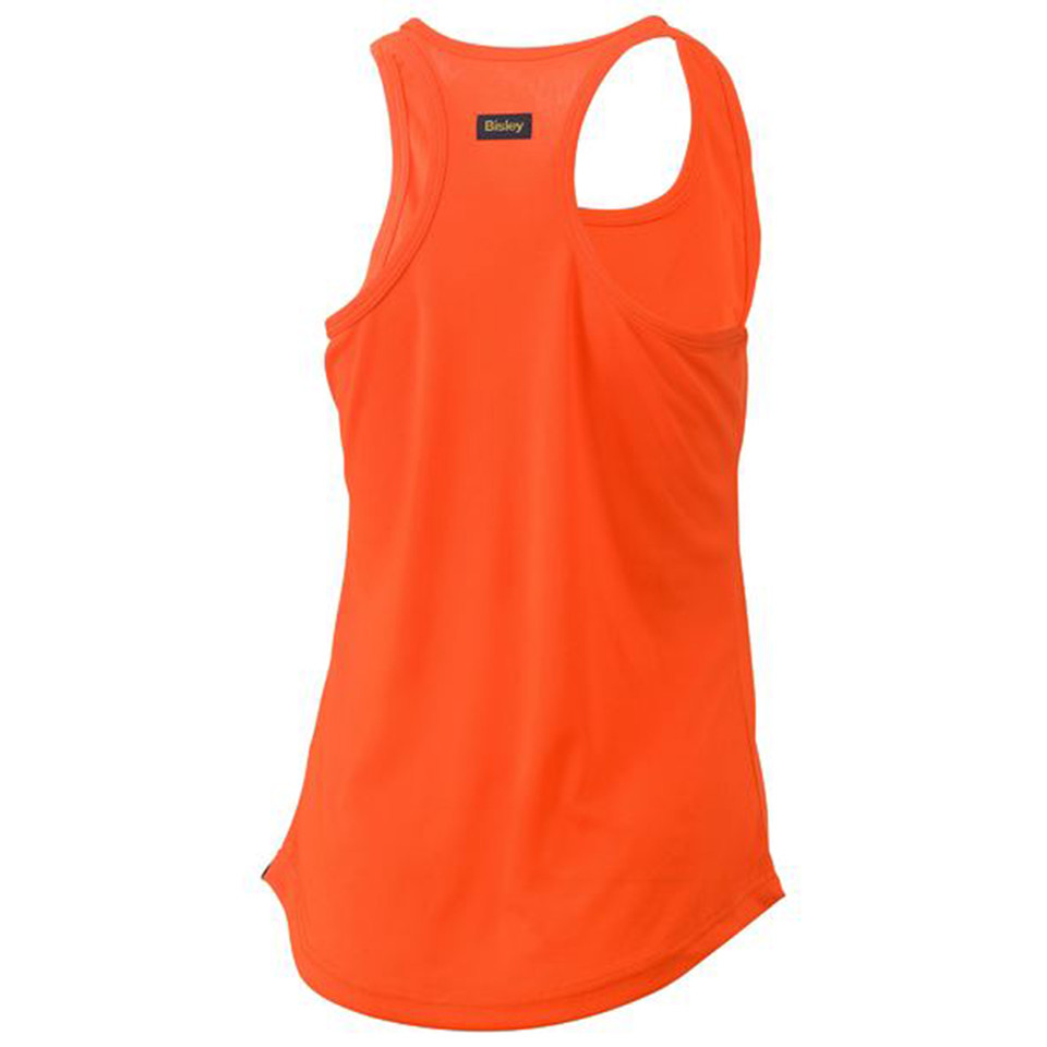 Neon orange women's racer back singlet with curved hem and contrast black neck label