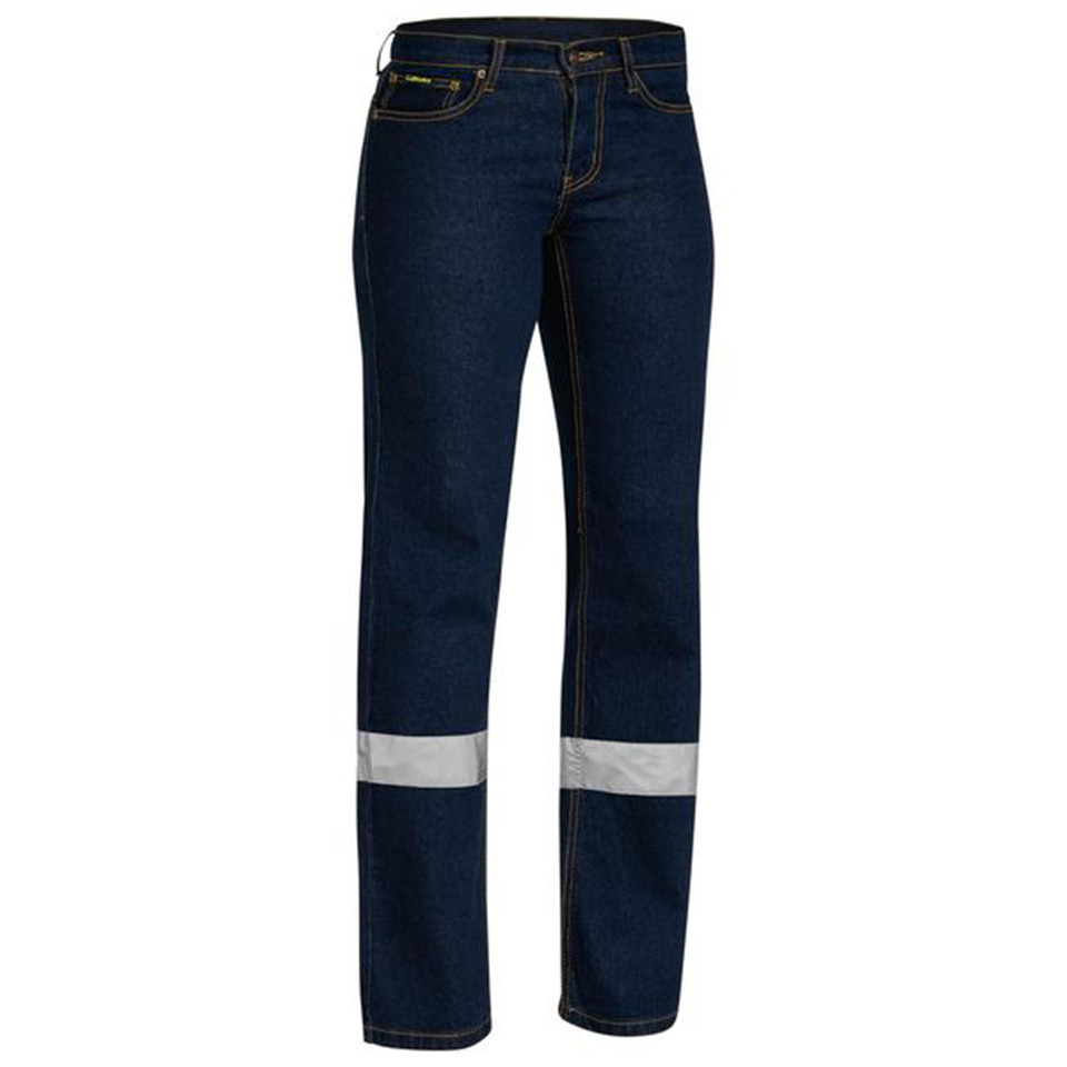 Bisley womens stretch denim jean in dark indigo with twin silver reflective tape bands on lower legs