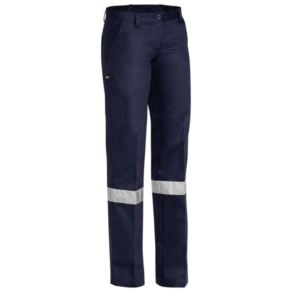 Navy drill work pants with silver reflective tape at lower legs and cargo pocket on thigh