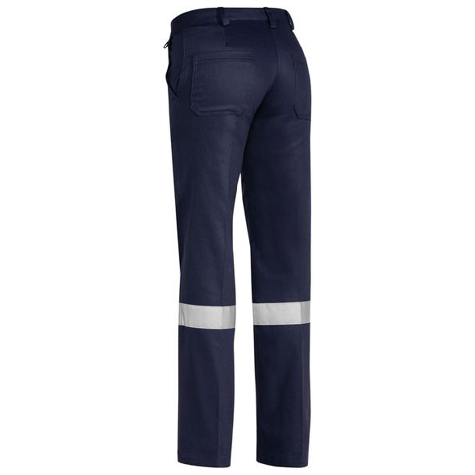 Navy drill work pants with silver reflective tape at leg hems, rear view showing back pockets